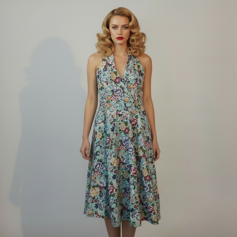 NWT Unique Vintage | Halter Dress L‎ Blue Floral Crane Print Retro Midi Cotton